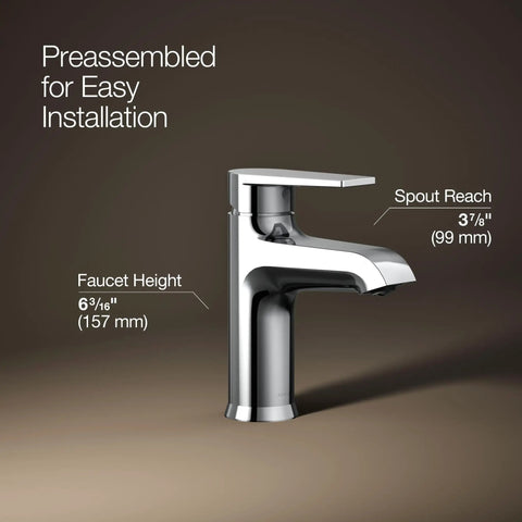 Hint Single-Handle Bathroom Sink Faucet With Ceramic Disc Valve, 1.2 GPM, Polished Chrome, labeled for height and spout reach