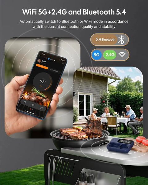 Wireless Meat Thermometer With Dual Probes For Grilling And Smoking Bluetooth 5.4 And WiFi 5G Connection shown with app