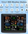 14 In 1 Wi Fi Weather Station With Rain Gauge And 8.07 Inch Color Display showing temperature, humidity, wind speed, UV, and pressure