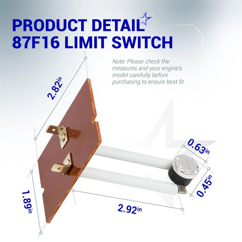 87F16 Furnace Primary Limit Switch with dimensions and safety control details for Lennox furnaces
