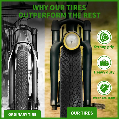 Comparison of 20x4 Fat Tire for Electric Bikes and All Terrain Rides with Puncture Resistant Sidewalls next to an ordinary tire