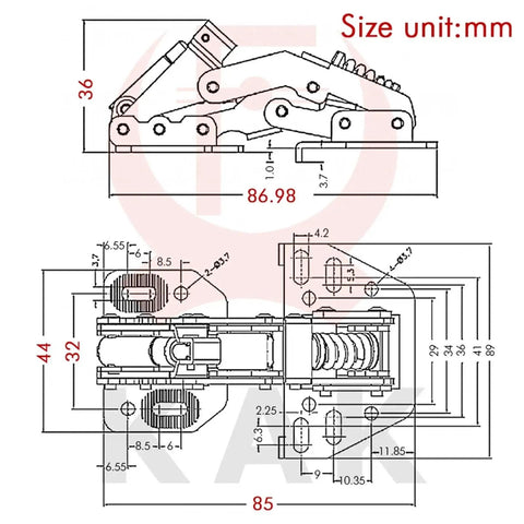 Technical drawing of Five Pack Hydraulic Cabinet Hinges Soft Close Dampers For Kitchen Cabinets And RV Camper Doors with dimensions