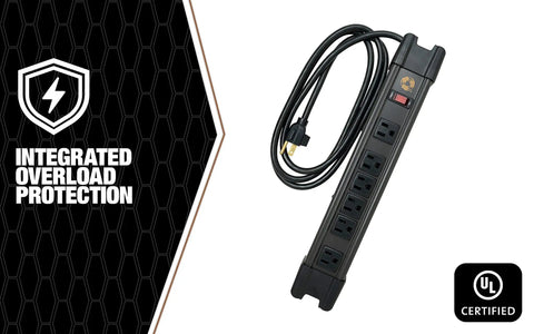 Heavy Duty Magnetic 6 Outlet Metal Power Strip With 6 Foot Cord featuring integrated overload protection and UL certification