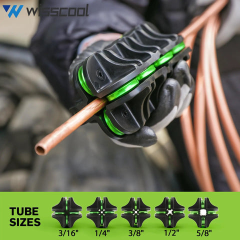 Three-Eighths Inch Tube Straightener Handheld Tool for Brake Lines and Fuel Lines in use on copper tube