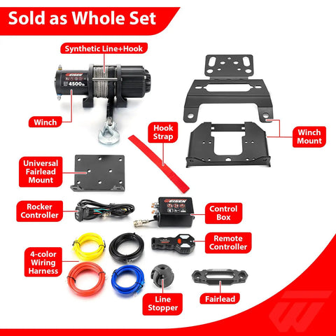 WeiSen 4500lb Electric Winch Kit With Remote For Polaris RZR XP 1000 And General Models, includes winch, hook, mount, controller, and wiring.