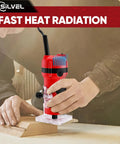 Heavy Duty 800W Compact Wood Router With 30000 RPM Kick And Complete 15 Piece Bit Set for edge trimming, held by worker.