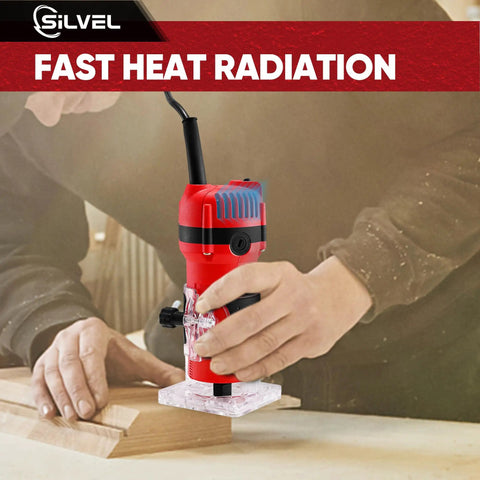 Heavy Duty 800W Compact Wood Router With 30000 RPM Kick And Complete 15 Piece Bit Set for edge trimming, held by worker.