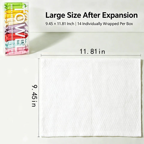 Large white towel expanded size 9.45 x 11.81 inches from 14 Pack Compressed Travel Towel Tablets Ultra Absorbent Water Activated Compact Cloth.