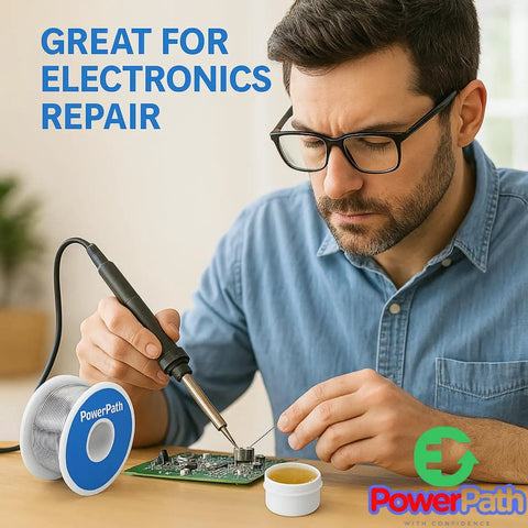 Man using Rosin Core Tin Lead Solder Wire For Electrical Soldering 0.75mm Diameter 50g Spool on a circuit board for repairs