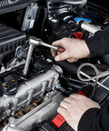 Wale&Morn leak detector for automotive halogen refrigerants; handheld unit with flexible probe in engine bay