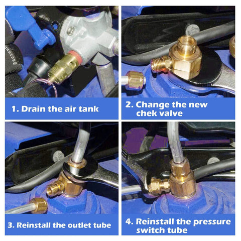 Hromee brass 1/2 in MNPT compressor check valve kit with three unloader fittings; four-panel install guide