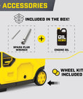 Accessories included with the 6500-Watt RV Ready Portable Inverter Generator, spark plug wrench, engine oil, wheel kit.