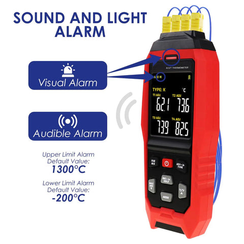Four Channel Thermocouple Data Logger Thermometer Workhorse with sound and light alarm displayed on screen