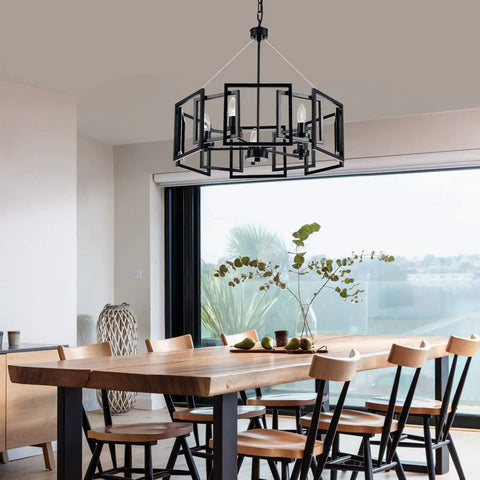Industrial Style Chandelier With Matte Black Finish Geometric Shade Pendant Lighting Fixture for dining room