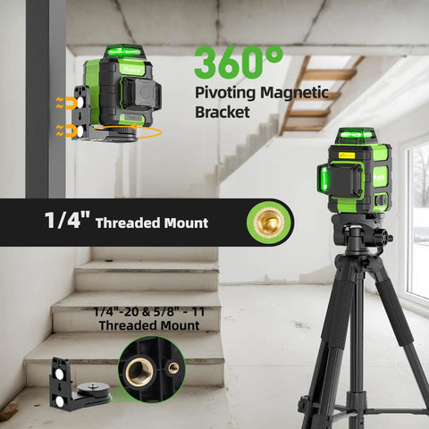 Green Laser Level 360 Self Leveling With Rechargeable Battery 3x360 Degree Cross Line And 3D Layout Tool in construction setting.