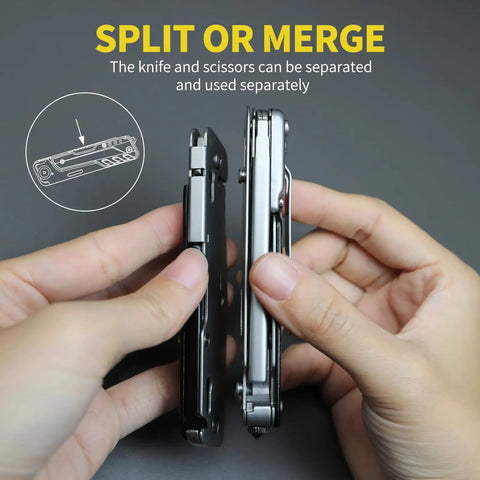 Person demonstrating split and merge mechanism of 7 In 1 Detachable Multitool With D2 Steel Blade And Large Scissors