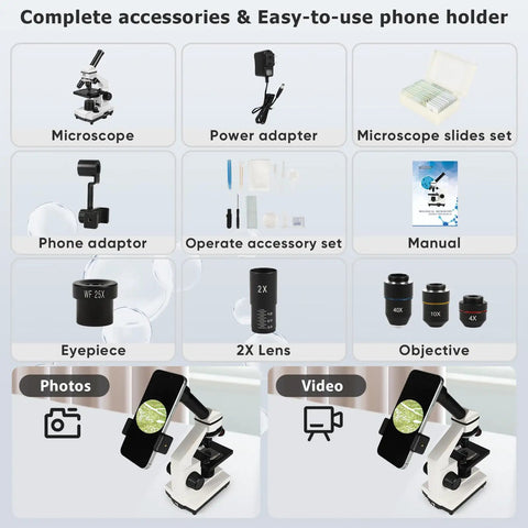 All In One Compound Microscope Kit For Kids And Adults 100X To 2000X With Dual LED 4X 10X 40X Objectives Accessories Display