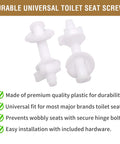 Tough As Nails Universal Plastic Toilet Seat Hinge Screw Bolt Kit For No Sweat Install And Heavy Duty Rust Resistant Bathroom Hardware, plastic screws.