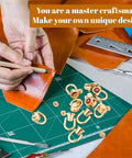 Leather Craft Hardware Kit 12 D Rings And 360 Degree Rotatable Brass Ball Studs For Purses Wallets And Crossbody Straps on workbench