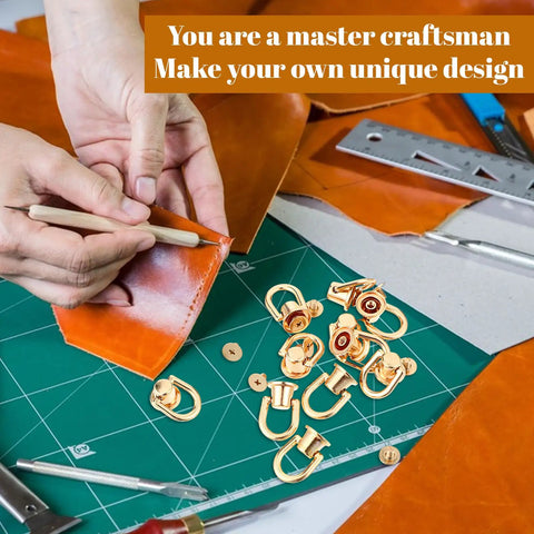 Leather Craft Hardware Kit 12 D Rings And 360 Degree Rotatable Brass Ball Studs For Purses Wallets And Crossbody Straps on workbench