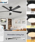 52 Inch Black Low Profile Ceiling Fan With Light And Remote Flush Mount Reversible DC Motor Dimmable LED 3CCT Quiet Smart App Control For Bedroom Or Living Room displayed in modern living space with dimming options.