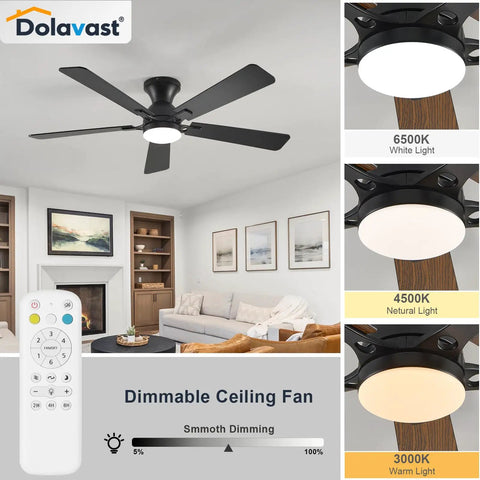 52 Inch Black Low Profile Ceiling Fan With Light And Remote Flush Mount Reversible DC Motor Dimmable LED 3CCT Quiet Smart App Control For Bedroom Or Living Room displayed in modern living space with dimming options.