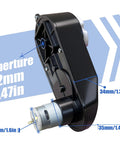 Close-up of WW-4 12V RS390 Motor Gearbox Upgrade Kit for Kids Ride On Toys showing dimensions and aperture details.