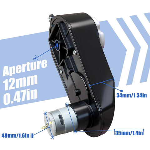 Close-up of WW-4 12V RS390 Motor Gearbox Upgrade Kit for Kids Ride On Toys showing dimensions and aperture details.