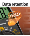 Close-up of All In One DIY Friendly Digital Multimeter Tester in black showing hold button feature for data retention.