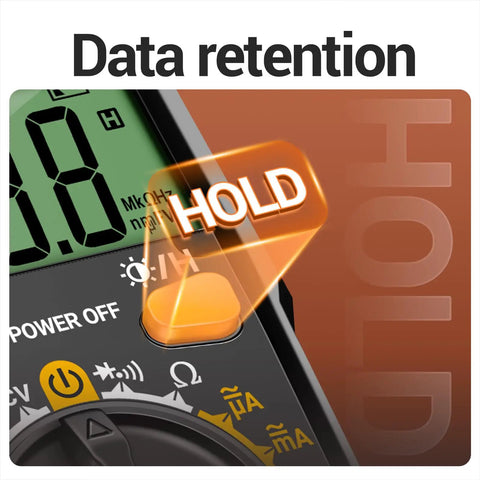 Close-up of All In One DIY Friendly Digital Multimeter Tester in black showing hold button feature for data retention.