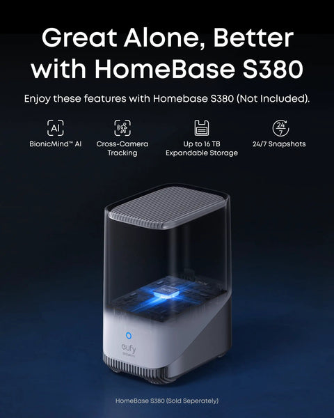 eufy HomeBase S380 shown as compatible with 4K Solar Wireless Outdoor Security Camera With Triple Lens Bullet PTZ system.