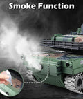 1:18 Scale RC Tank With 2.4G Radio, M1A2 Style Military Battle Vehicle emitting smoke, showing smoke function feature.