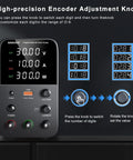 Variable Bench Power Supply With Precision Encoder Knob And Output Enable Disable Button USB Quick Charge Adjustable Voltage And Current Short Circuit Protection Compact Black Boss Grade Unit For Lab And DIY Projects showcased with digital display and control instructions.