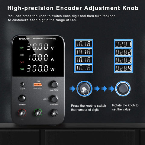 Variable Bench Power Supply With Precision Encoder Knob And Output Enable Disable Button USB Quick Charge Adjustable Voltage And Current Short Circuit Protection Compact Black Boss Grade Unit For Lab And DIY Projects showcased with digital display and control instructions.