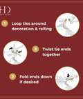 Instruction for using Decorative Twist Ties 6 Pack 20 Inches Taupe And White for hanging decorations on railings.