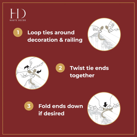 Instruction for using Decorative Twist Ties 6 Pack 20 Inches Taupe And White for hanging decorations on railings.
