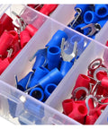 Huge 1000Pcs Assorted Insulated Crimp Terminal Kit With 24 Types Spade Fork Ring And Pin Connectors For Electrical Cables And Wire Cord Repairs You Need, red and blue terminals in plastic organizer