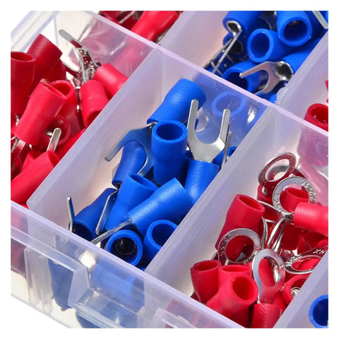 Huge 1000Pcs Assorted Insulated Crimp Terminal Kit With 24 Types Spade Fork Ring And Pin Connectors For Electrical Cables And Wire Cord Repairs You Need, red and blue terminals in plastic organizer