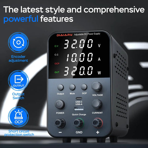 Adjustable Bench Power Supply With 32V 10A Output Intelligent Charging Mode Regulated Switching Design display and controls