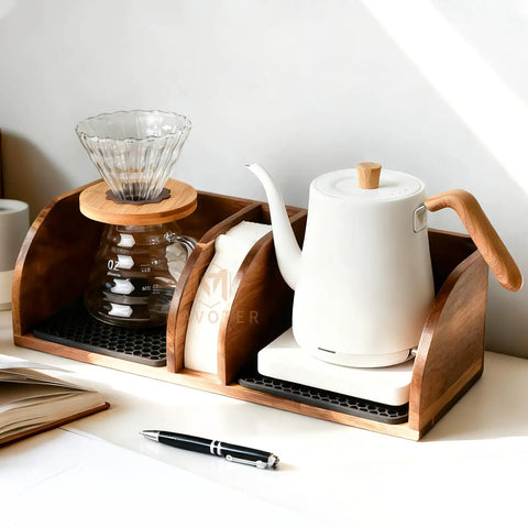 Acacia Wood Coffee Bar Station Organizer Stand For Pour Over Nerds And Filter Holders Countertop Wooden Caddy with kettle