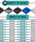 Variety of sizes and colors of Extra Heavy Duty 16 Mil Tarp Cover Waterproof UV Resistant Rip And Tear Proof Poly Tarpaulin.