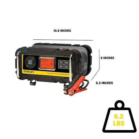 Fully Automatic 12V 15 Amp Bench Battery Charger And Maintainer With 40 Amp Engine Start, size and weight details