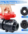 Three-Quarter Inch True Union PVC Ball Valve Full Port Slip Socket Water Valve With EPDM O-Rings For Leak-Free Shutoff No-Hassle Maintenance In Pools, Irrigation, And Home Plumbing DN20 1-Pack, red T-handle open-close view