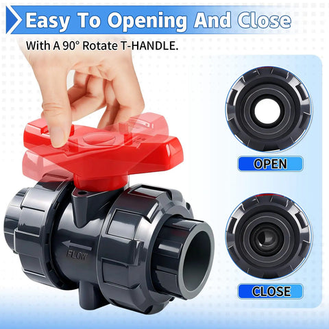 Three-Quarter Inch True Union PVC Ball Valve Full Port Slip Socket Water Valve With EPDM O-Rings For Leak-Free Shutoff No-Hassle Maintenance In Pools, Irrigation, And Home Plumbing DN20 1-Pack, red T-handle open-close view