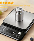Waterproof Kitchen Scale With 0.1g Precision, 10kg/22lb Digital Food Scale In Stainless Steel Backlit Display with 5kg weight