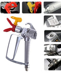 Top Tier Airless Paint Spray Gun Kit With Solid Steel Build, features red and yellow tips for precise paint application.