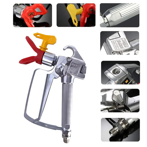Top Tier Airless Paint Spray Gun Kit With Solid Steel Build, features red and yellow tips for precise paint application.