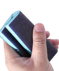 Top Shelf Workhorse Sanding Sponge Set Six Piece Kit With 60 To 320 Grit Double Sided Block held in hand for wood and metal use.