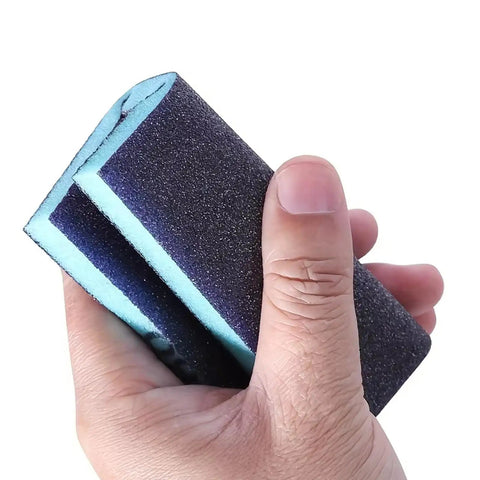 Top Shelf Workhorse Sanding Sponge Set Six Piece Kit With 60 To 320 Grit Double Sided Block held in hand for wood and metal use.