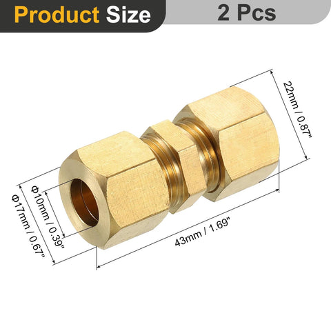 Two brass compression tube fittings with hex nuts and ferrules for 10 mm tubing, straight coupling adapter